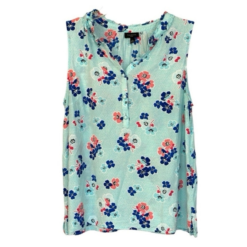 Talbots Aqua Blue Ruffle Trim Shell Allover Floral Print Women's Size Small